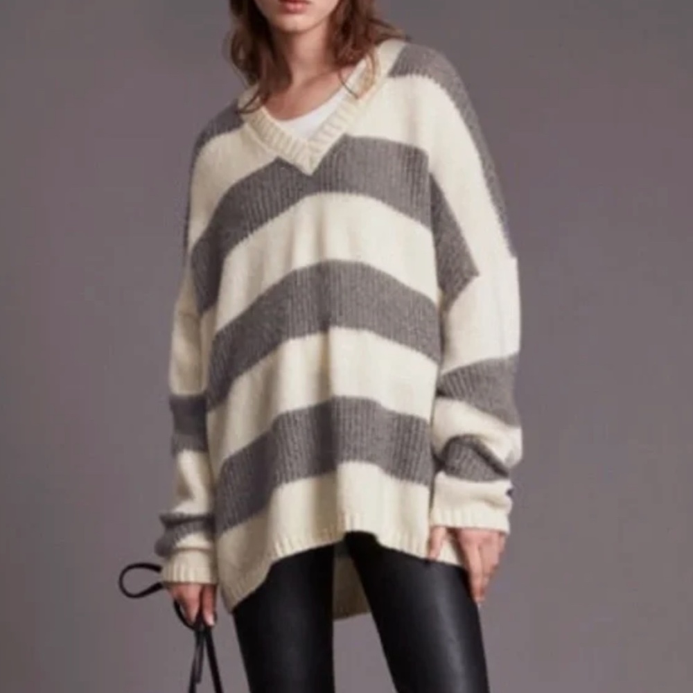 ALL SAINTS Lou Sparkle Jumper V-Neck Spring Sweater in Gray Cream - Medium - NWT